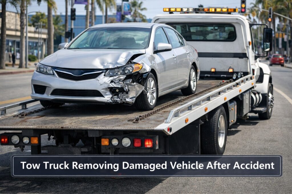  Tow truck removing damaged vehicle after accident