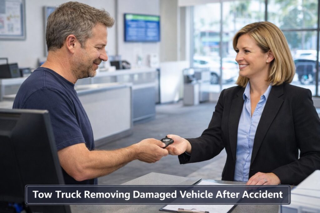 Driver getting rental car after accident