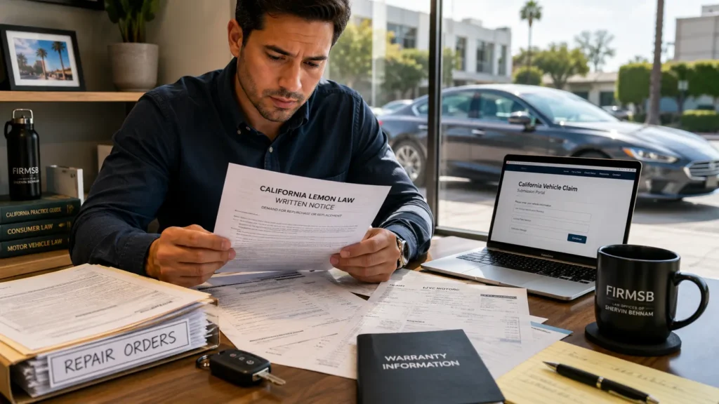 California car owner reviewing Lemon Law written notice, repair orders, and warranty documents for a defective vehicle claim in 2026.
