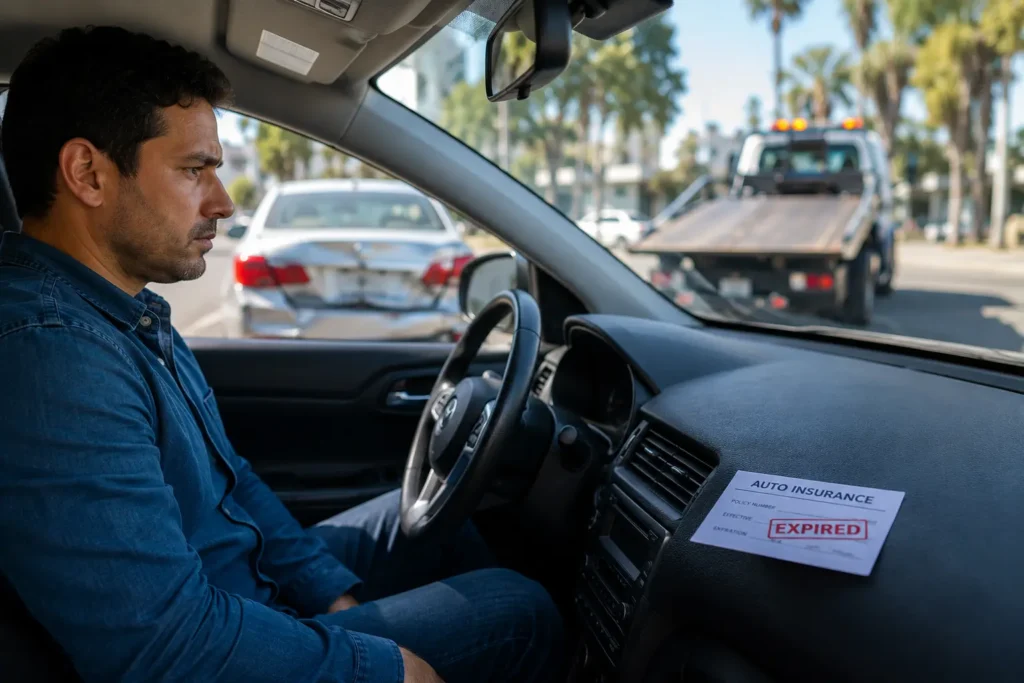 Concerned California driver sitting in a car after a minor accident with an expired auto insurance card on the dashboard.