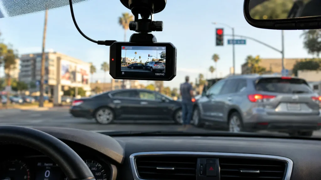 Dash cam recording a minor car accident at a California intersection through a car windshield.