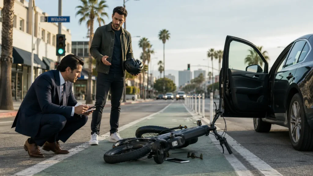 Attorney reviewing a fallen e-bike in a Los Angeles bike lane after a possible dooring accident.