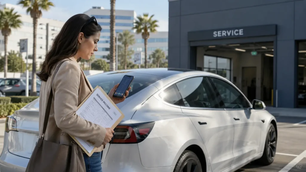 Tesla owner reviewing service records and phone messages before another service appointment in California.