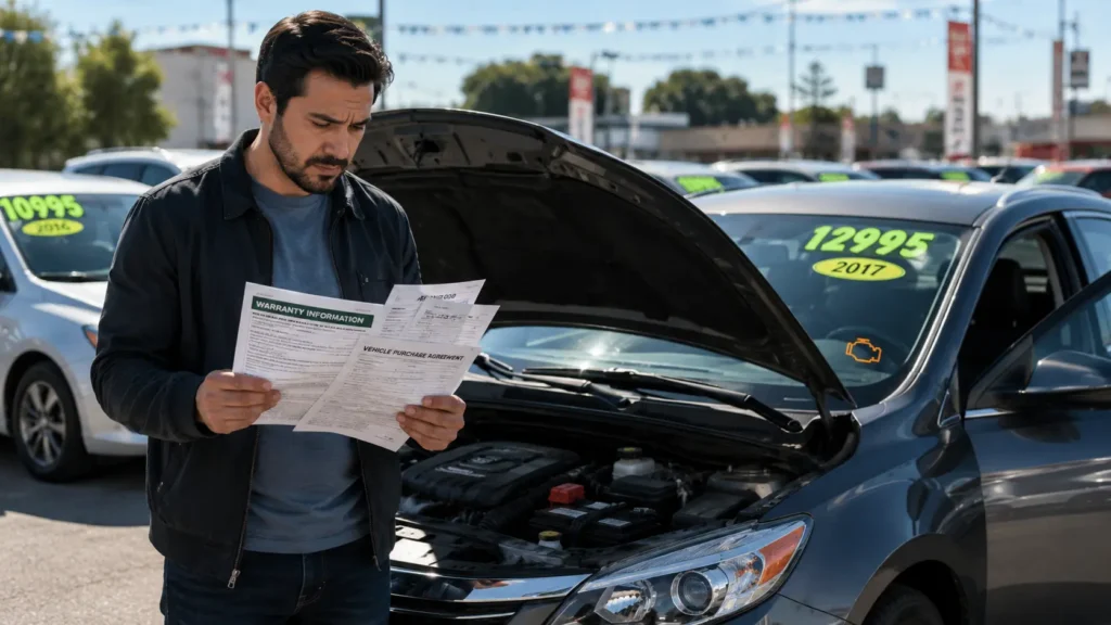 California used car buyer reviewing warranty paperwork beside a pre-owned car with an open hood and check engine light at a dealership lot.