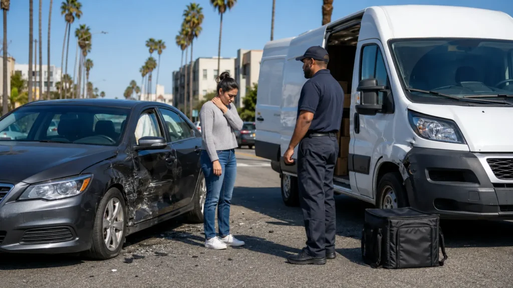 Injured woman standing beside a damaged car after a collision with a delivery van in California.