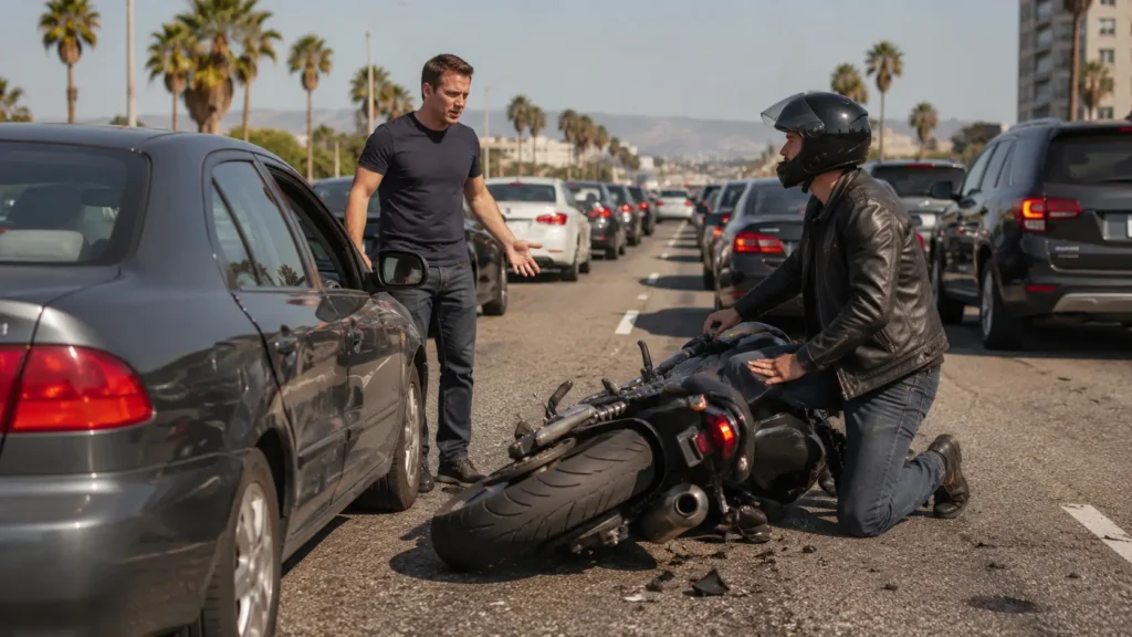 Motorcyclist beside a fallen motorcycle after a lane splitting accident in California traffic.