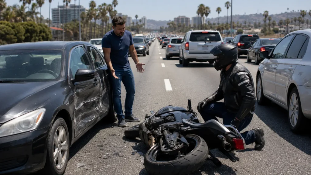 Motorcyclist kneeling beside a fallen motorcycle after a lane splitting accident in California traffic.