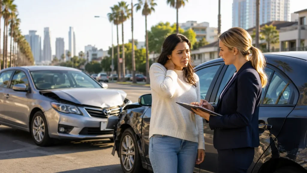 Injured passenger speaking with an attorney beside damaged cars after a California car accident.