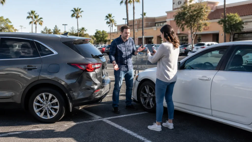 Two drivers documenting a parking lot accident beside damaged vehicles in a California shopping center lot.