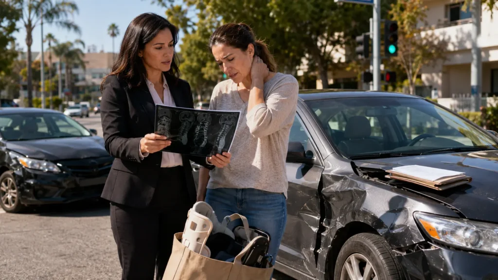 Injured woman reviewing medical images with a legal professional beside a damaged car after a California accident.