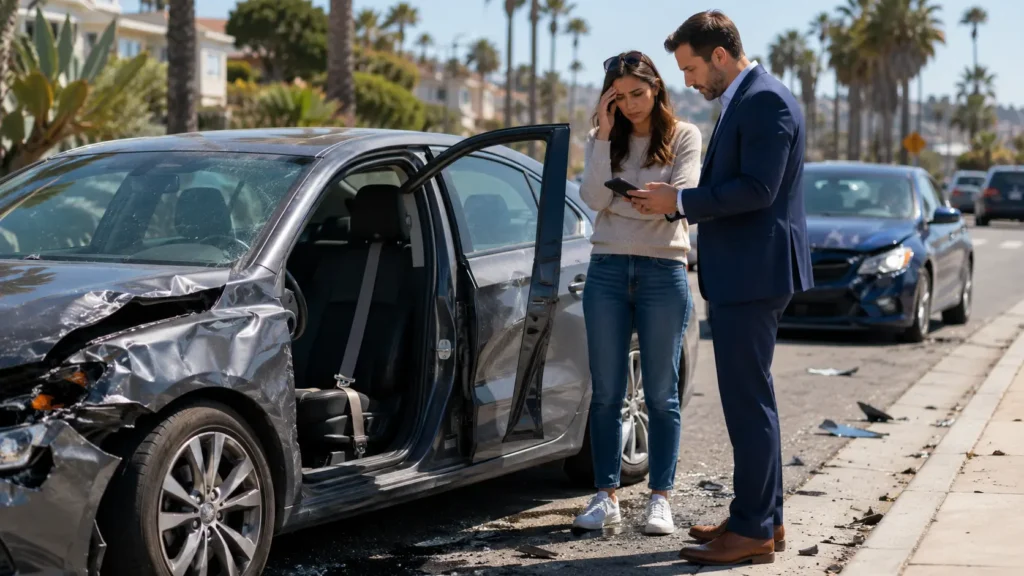 Injured driver speaking with a legal professional beside a damaged car with an open door and visible seat belt after a California crash.