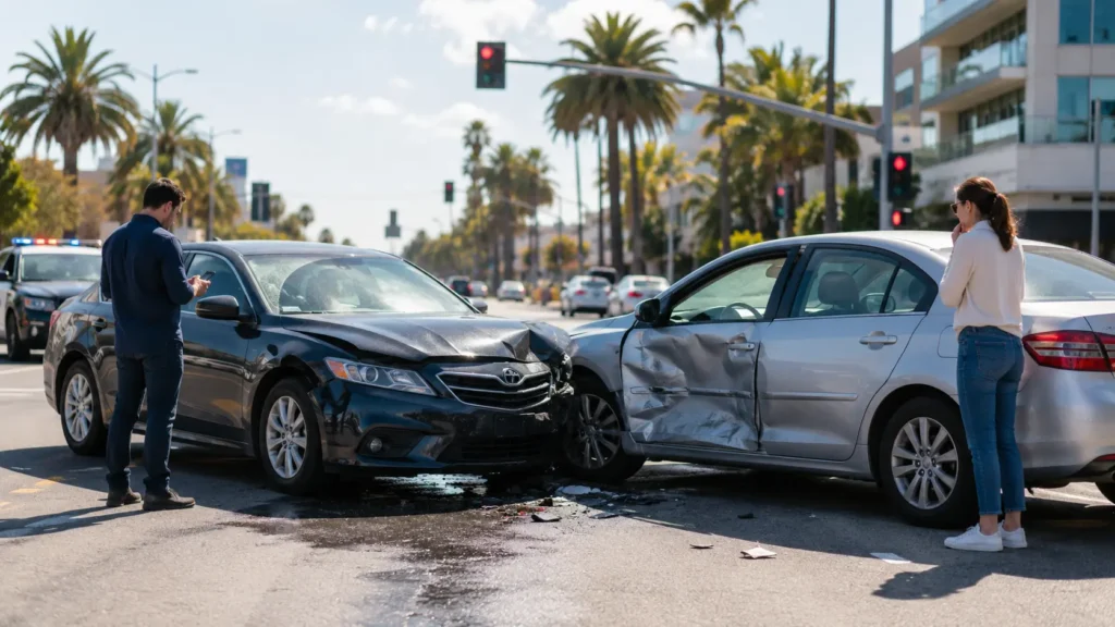 Two damaged cars after a T-bone accident at a California intersection with drivers documenting the crash scene.
