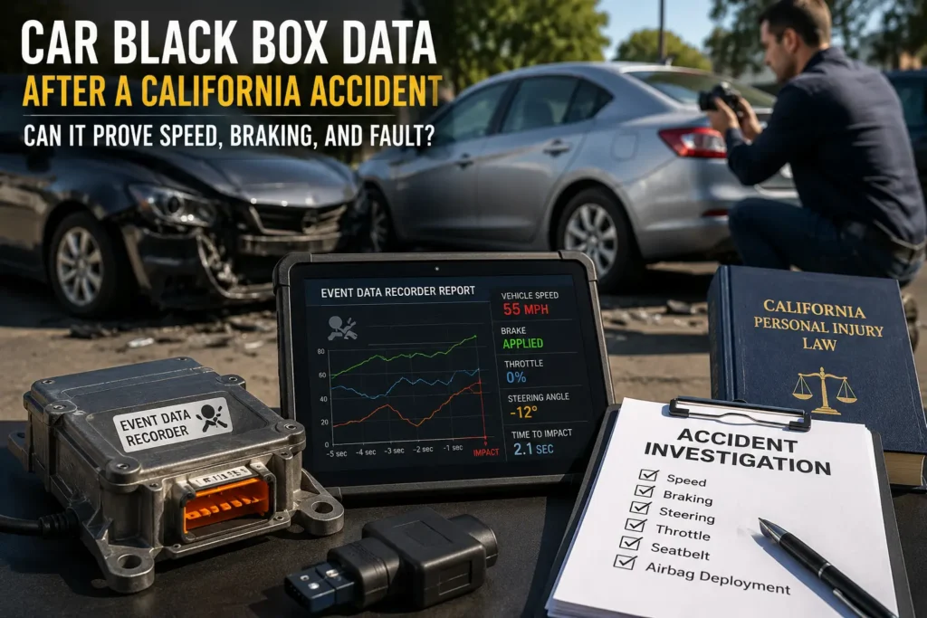 Event data recorder and accident investigation report shown near damaged cars after a California crash.