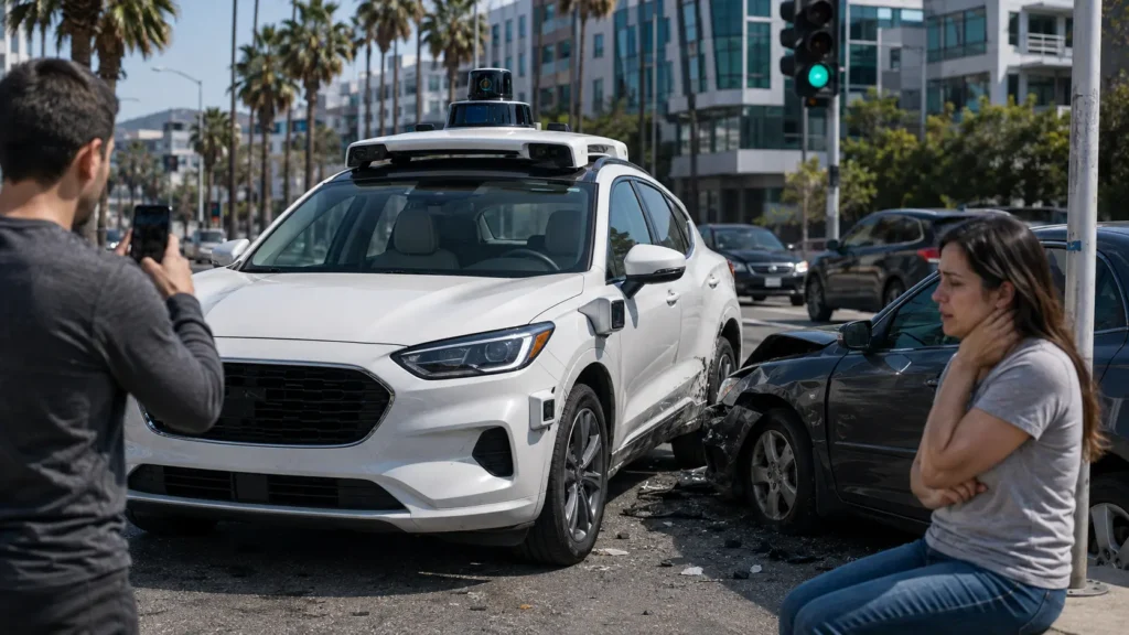Injured woman sitting near a damaged car after a collision with a driverless robotaxi on a Los Angeles street.